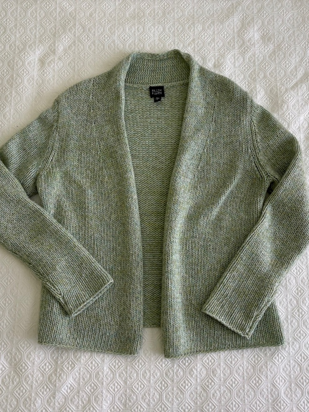 Eileen Fisher Wool Cashmere Angora Cardigan Sage Green Small Shaker Knit